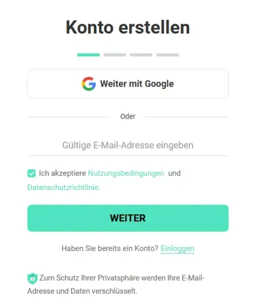 Schritt 1 der Anmeldung bei Msafely